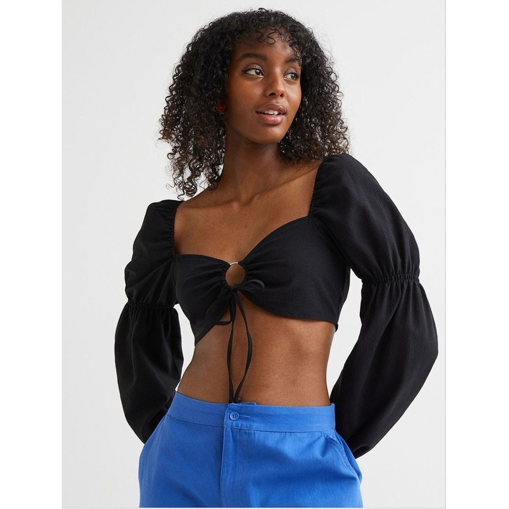 H&M Womens Black Milkmaid Crop Top Smocked Size L Dark Academia Preppy Festival